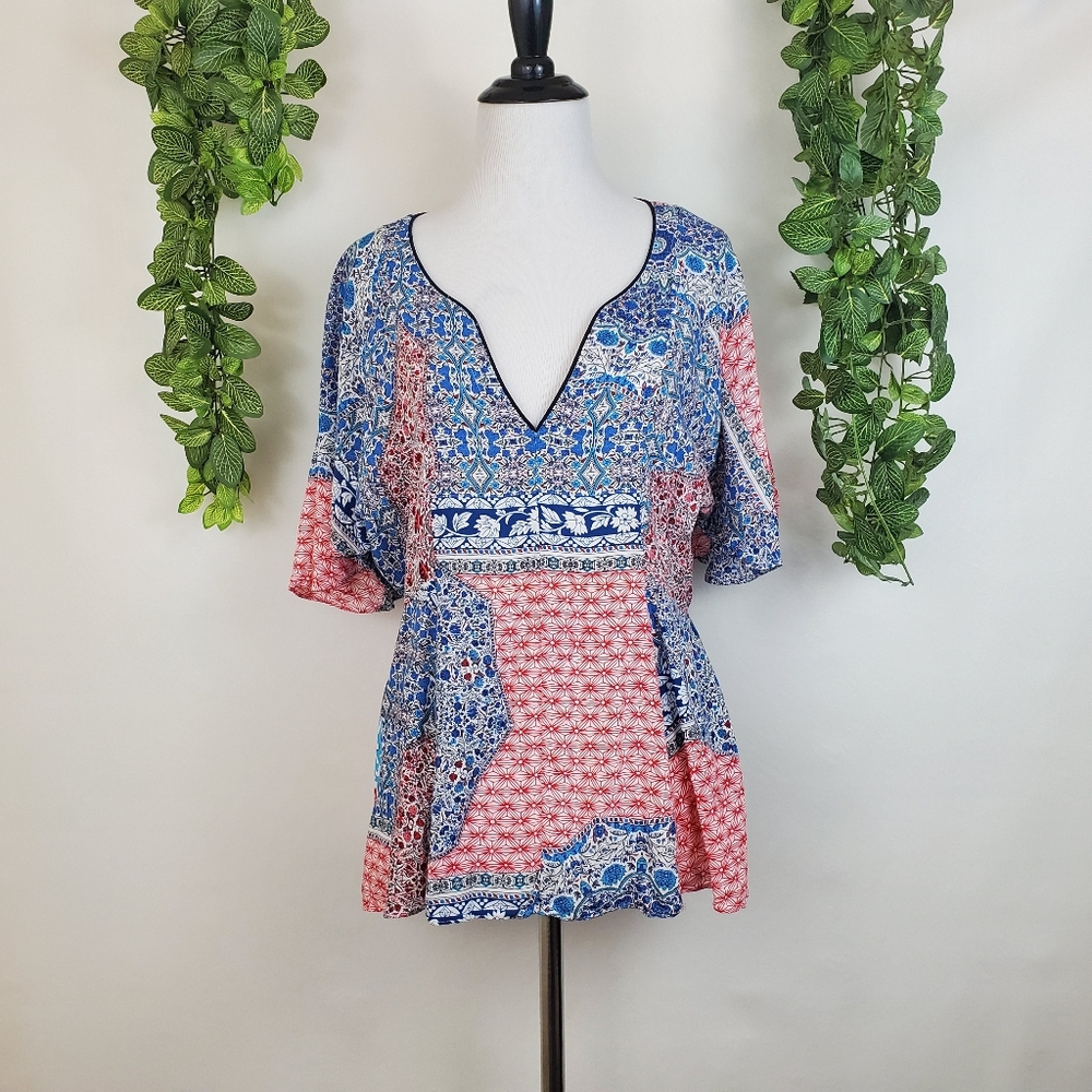Sanctuary abstract paisley red white blue boho top